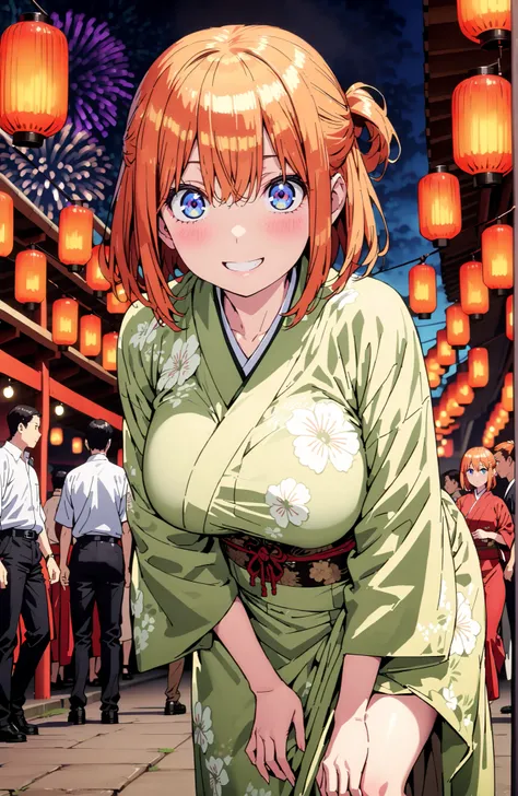  中野四葉, short hair, bungs, solo,blue eyes,  o, orange hair that gets down to the knee, Eyebrows hidden by hair, half up do, Big Breasts,Green floral kimono,Light up fireworks,turns around,smile,cover,grinning,standing,night,Red Lantern,full bodyがイラストに入るように,...