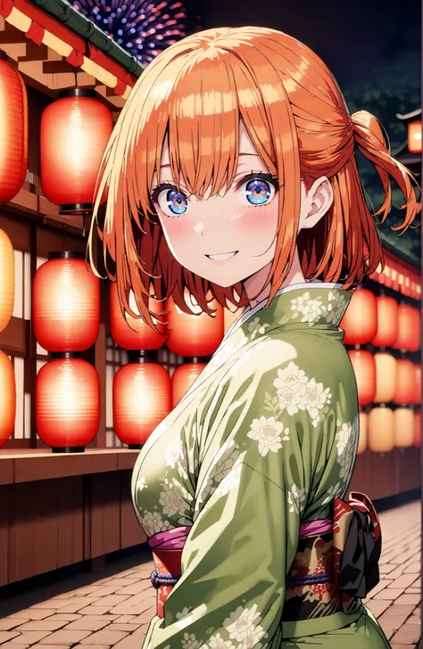  中野四葉, short hair, bungs, solo,blue eyes,  o, orange hair that gets down to the knee, Eyebrows hidden by hair, half up do, Big Breasts,Green floral kimono,Light up fireworks,turns around,smile,cover,grinning,standing,Japanese festival stall night,Red Lante...