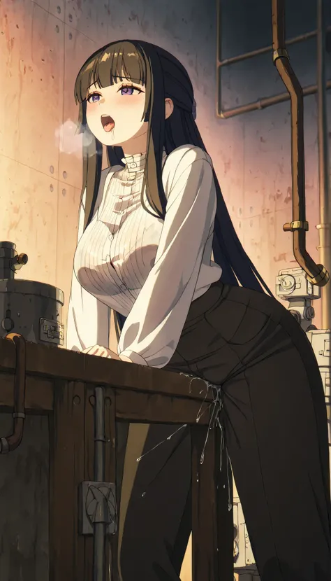 deep-blush, shame, open mouth, ((see-through)) (casual clothes), (((grinding her pants with against a corner of a small table))), tight-jeans pants, tongue, drooling, spread legs, (((moist breath))), brown, (squirting), ((masturbating)), lean forward, updo...