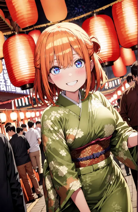  中野四葉, short hair, bungs, solo,blue eyes,  o, orange hair that gets down to the knee, Eyebrows hidden by hair, half up do, Big Breasts,Green floral kimono,Light up fireworks,turns around,smile,cover,grinning,standing,Japanese festival stall night,Red Lante...