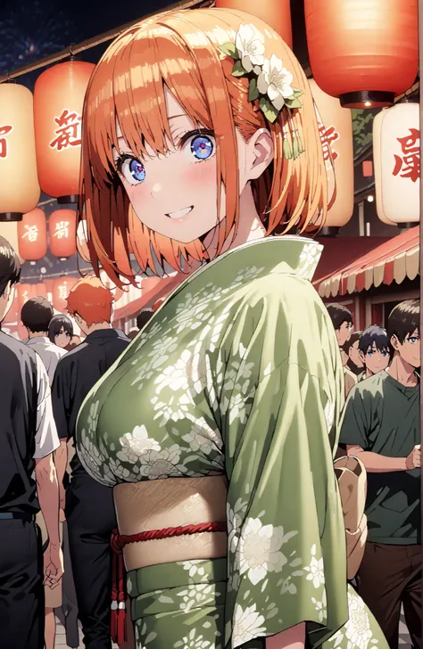  中野四葉, short hair, bungs, solo,blue eyes,  o, orange hair that gets down to the knee, Eyebrows hidden by hair, Side Lock,flower hair ornament,Nape,Big Breasts,Green floral kimono,Light up fireworks,turns around,smile,cover,grinning,standing,Japanese festiv...