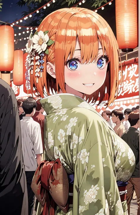  中野四葉, short hair, bungs, solo,blue eyes,  o, orange hair that gets down to the knee, Eyebrows hidden by hair, Side Lock,flower hair ornament,Nape,Big Breasts,Green floral kimono,Light up fireworks,turns around,smile,cover,grinning,standing,Japanese festiv...