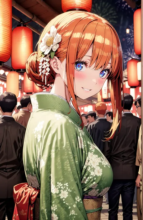 中野四葉, bungs, solo,blue eyes,  o, orange hair that gets down to the knee, Eyebrows hidden by hair, Side Lock,flower hair ornament,Nape,Big Breasts,Green floral kimono,Light up fireworks,turns around,smile,cover,grinning,standing,Japanese festival stall nig...