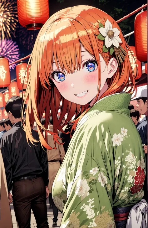  中野四葉, bungs, solo,blue eyes,  o, orange hair that gets down to the knee, Eyebrows hidden by hair, Side Lock,flower hair ornament,Nape,Big Breasts,Green floral kimono,Light up fireworks,turns around,smile,cover,grinning,standing,Japanese festival stall nig...