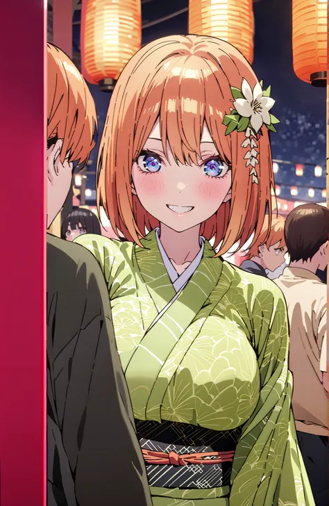 score_9, score_8_up, score_7_up, source_anime,中野四葉, bungs, solo,blue eyes,  o, orange hair that gets down to the knee, Eyebrows hidden by hair, Side Lock,single bun hair,flower hair ornament,Nape,Big Breasts,Green floral kimono,Light up fireworks,turns aro...