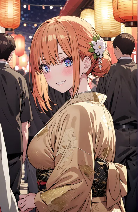 score_9, score_8_up, score_7_up, source_anime,中野四葉, bungs, solo,blue eyes,  o, orange hair that gets down to the knee, Eyebrows hidden by hair, Side Lock,single bun hair,flower hair ornament,Nape,Big Breasts,Green floral kimono,Light up fireworks,turns aro...
