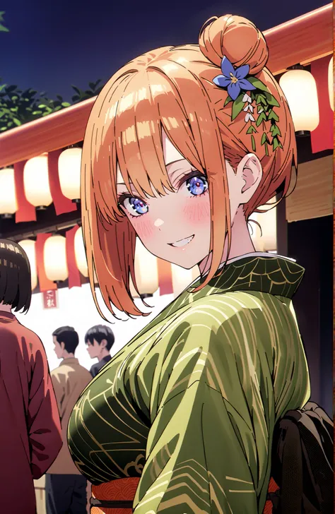 score_9, score_8_up, score_7_up, source_anime,中野四葉, bungs, solo,blue eyes,  o, orange hair that gets down to the knee, Eyebrows hidden by hair, Side Lock,single bun hair,flower hair ornament,Nape,Big Breasts,Green floral kimono,Light up fireworks,turns aro...