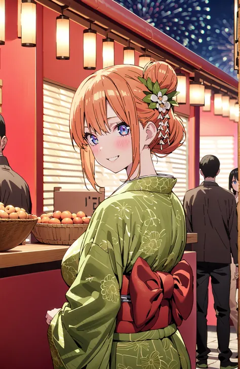 score_9, score_8_up, score_7_up, source_anime,中野四葉, bungs, solo,blue eyes,  o, orange hair that gets down to the knee, Eyebrows hidden by hair, Side Lock,single bun hair,flower hair ornament,Nape,Big Breasts,Green floral kimono,Light up fireworks,turns aro...