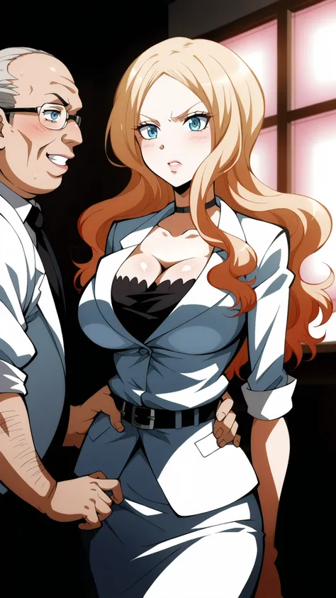score_9, score_8_up , score_7_up , score_6_up , score_5_up , score_4_up , source_anime,  Masterpiece,  top quality, 8k, Aairina , lon g hair, parted bangs,  blue eyes, breasts, choker, cleavage, suit, black shirt, white jacket, sleeves rolled up , white sk...