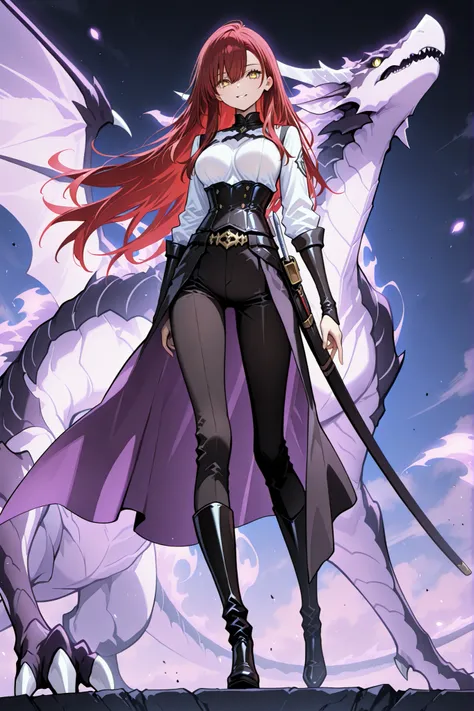  1 girl , red hair , long hair , side stripes , golden eyes , medium breasts , sexy, cute, handsome, Cool,   beautiful,   black pants with pockets on the sides, Weapon belt around the waist , white top with black corset ,  black boots, mysterious atmospher...
