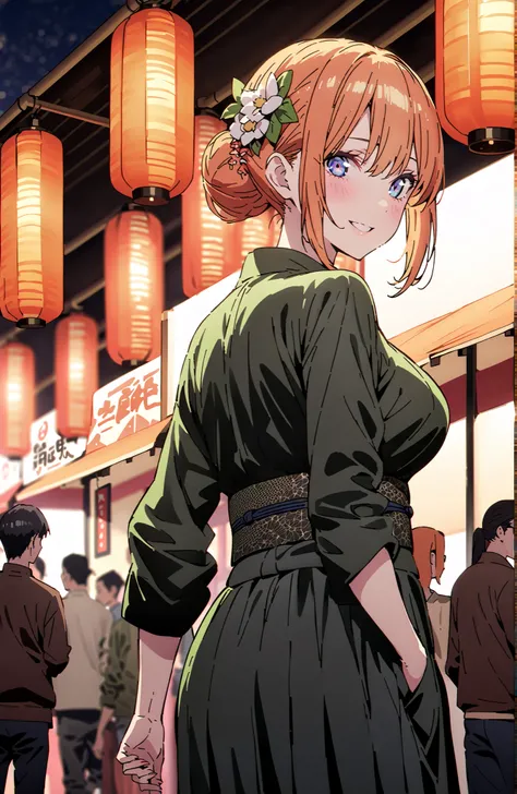 score_9, score_8_up, score_7_up, source_anime,中野四葉, bungs, solo,blue eyes,  o, orange hair that gets down to the knee, Eyebrows hidden by hair, Side Lock,single bun hair,flower hair ornament,Nape,Big Breasts,Green floral kimono,Light up fireworks,turns aro...