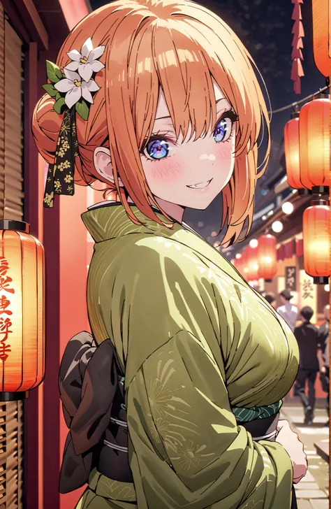 score_9, score_8_up, score_7_up, source_anime,中野四葉, bungs, solo,blue eyes,  o, orange hair that gets down to the knee, Eyebrows hidden by hair, Side Lock,single bun hair,flower hair ornament,Nape,Big Breasts,Green floral kimono,Light up fireworks,turns aro...