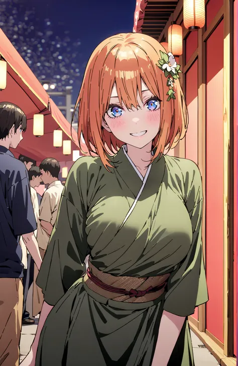 score_9, score_8_up, score_7_up, source_anime,中野四葉, bungs, solo,blue eyes,  o, orange hair that gets down to the knee, Eyebrows hidden by hair, Side Lock,single bun hair,flower hair ornament,Nape,Big Breasts,Green floral kimono,Light up fireworks,turns aro...