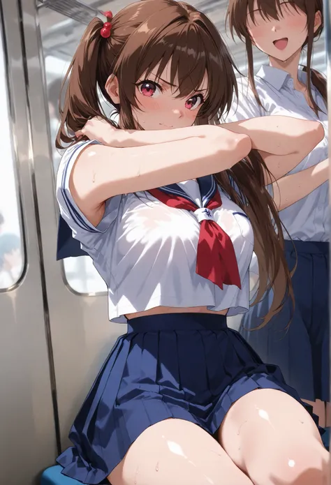 inside a crowded train、thick dark hair、sailor suit、  navy blue skirt that emphasizes buttocks  、men and women、 、resists、I'm a beautiful high school student 、( and my chest is being touched from behind、can lift 1 of clothes、I touch my clothes with my finger...