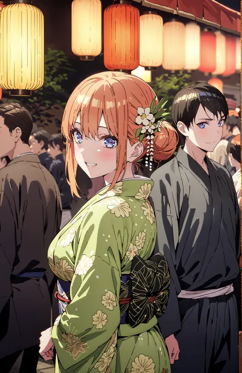 score_9, score_8_up, score_7_up, source_anime,中野四葉, bungs, solo,blue eyes,  o, orange hair that gets down to the knee, Eyebrows hidden by hair, Side Lock,single bun hair,flower hair ornament,Nape,Big Breasts,Green floral kimono,Light up fireworks,turns aro...