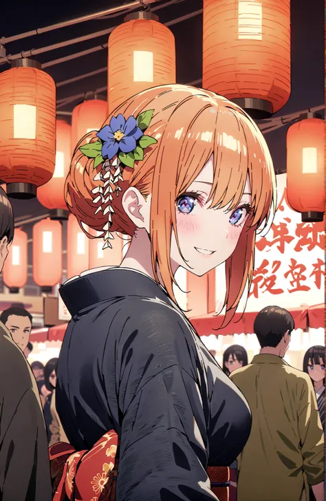 score_9, score_8_up, score_7_up, source_anime,中野四葉, bungs, solo,blue eyes,  o, orange hair that gets down to the knee, Eyebrows hidden by hair, Side Lock,single bun hair,flower hair ornament,Nape,Big Breasts,Green floral kimono,Light up fireworks,turns aro...