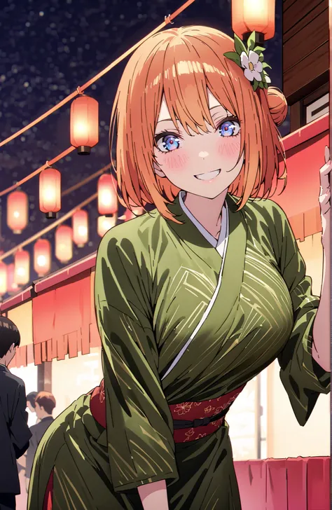 score_9, score_8_up, score_7_up, source_anime,中野四葉, bungs, solo,blue eyes,  o, orange hair that gets down to the knee, Eyebrows hidden by hair, Side Lock,single bun hair,flower hair ornament,Nape,Big Breasts,Green floral kimono,Light up fireworks,turns aro...