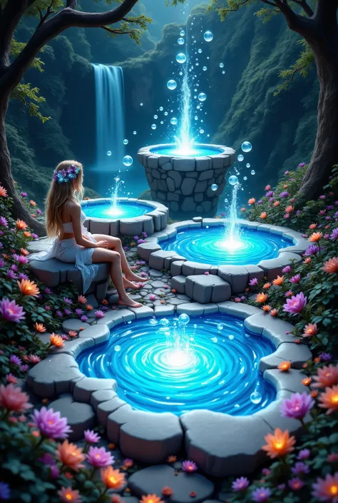 Beautiful Bubbles rise from three Little Lakes, who are surrounded by a beautiful stone, the lake gurgles as if boiling, and a beautiful mist rises and falls very nicely on the ground, misty clouds spread throughout the image thick beautiful flowers grow a...