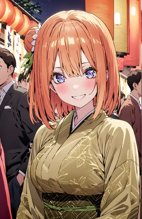 score_9, score_8_up, score_7_up, source_anime,中野四葉, bungs, solo,blue eyes,  o, orange hair that gets down to the knee, Eyebrows hidden by hair, Side Lock,single bun hair,flower hair ornament,Nape,Big Breasts,Green floral kimono,Light up fireworks,turns aro...