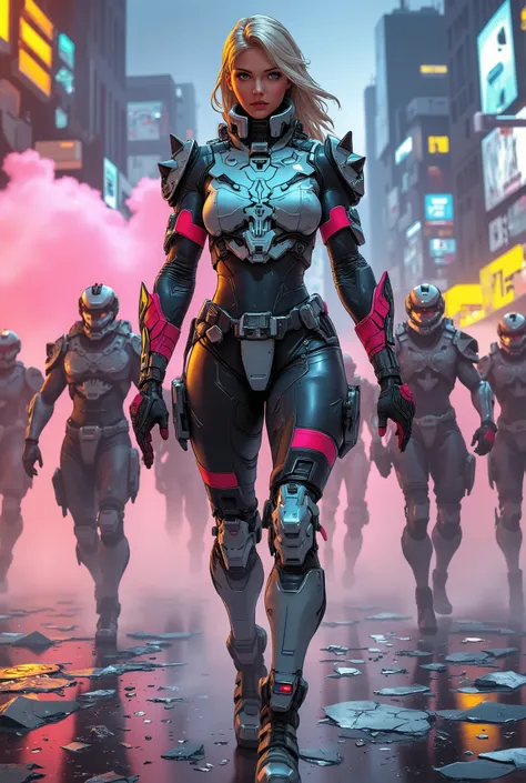 Full-body shot of a slim female game character (face fully visible, determined expression) leading a cyberpunk street rebellion in a WHITE high-neck combat bodysuit (with glowing circuit patterns) layered over a reinforced kilt (magenta fabric strips, chro...