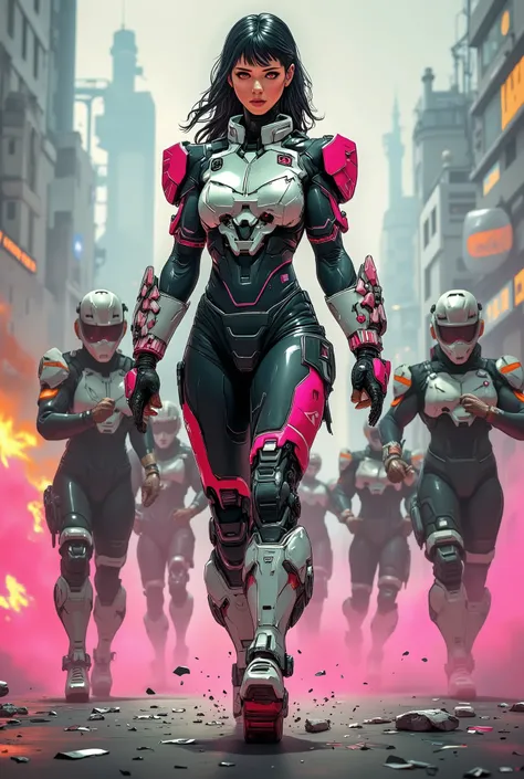 Full-body shot of a slim female game character (face fully visible, determined expression) leading a cyberpunk street rebellion in a WHITE high-neck combat bodysuit (with glowing circuit patterns) layered over a reinforced kilt (magenta fabric strips, chro...