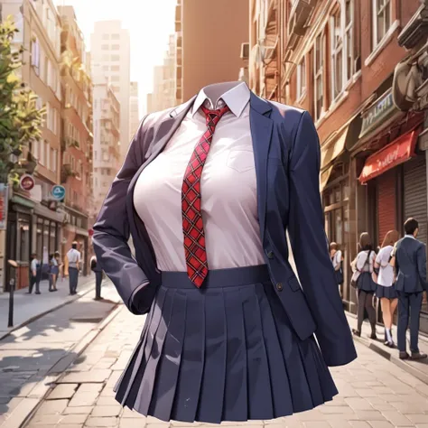 (invisible:1.5, no humans:1.5, headless:1.5, faceless:1.5), (School uniform, red check tie, in city:1.2), (big breast), (best quality, masterpiece:1.2), detailed cloth texture, detailed anime, illust, leaning forward