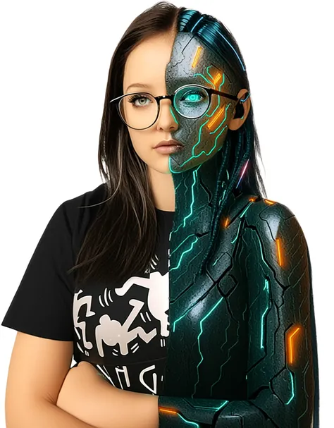 Transform this girl into a futuristic AI robot in a cyberpunk style. She should have glowing neon elements on her face and body, such as circuit-like patterns, mechanical implants, and glowing eyes. Keep her facial features recognizable but enhanced with s...