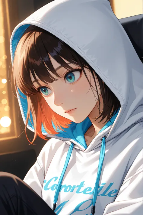 Wearing a comfortable white hoodie, Sitting in a comfortable position with hair hidden inside the hood, 부드러운 조명이 있는 Comfortable indoor space, Warm and comfortable atmosphere,  close up 뷰, Neutral tones Soft lighting,Comfortable indoor space,Comfortable pos...