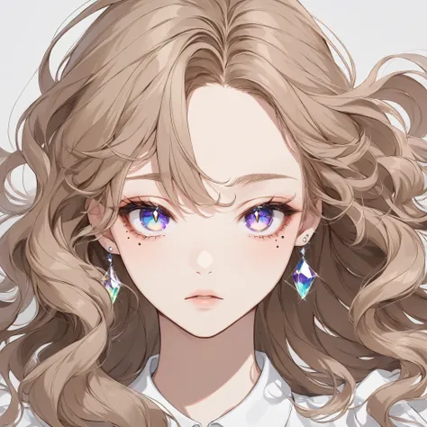 face focus, light brown hair, wavy hair, floating hair, mismatched pupils, mole under eye, crystal earrings, bored