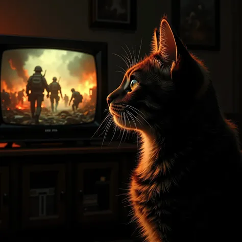 Movie film,cat,Profile of a cat watching a war TV program