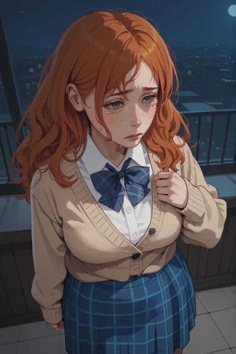 1 girl, long wavy ginger hair, freckles, voluptuous, tears, sad, beige cardigan, white shirt, blue plaid skirt, at night, looking from above