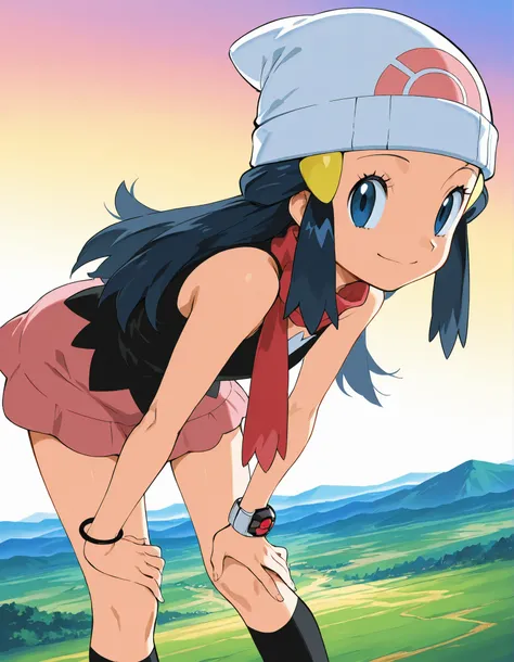score_9, score_8_up, score_7_up, source_anime, best quality, good quality, amazing quality, very aesthetic, absurdres, masterpiece,pokemondawn, pokemon dawn, black hair, blue eyes, sidelocks, long hair,, bare shoulders, beanie, black shirt, black socks, br...
