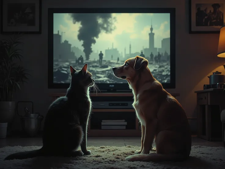 Movie film,cat,Profile of a dog watching a war TV program