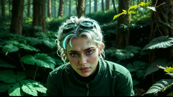A photorealistic cinematic HDR scene of a dense forest with a person in dark clothes trapped in a giant silvery web, struggling with desperation and determination. Dim light pierces through the foliage, casting dramatic shadows. Wide shot, deep depth of fi...