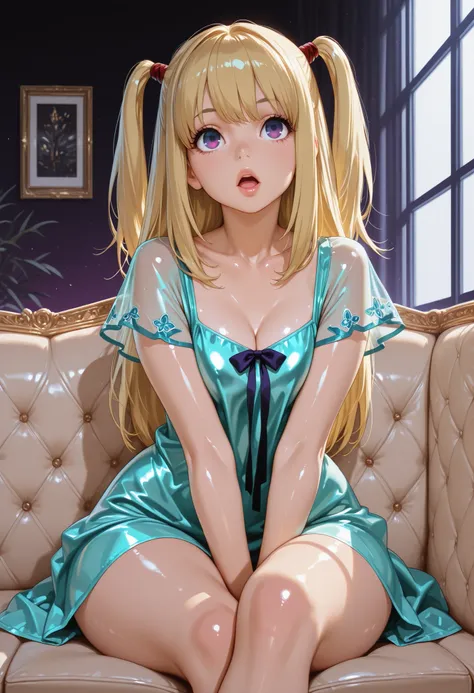 masterpiece,amazing quality,best quality,ultra-detailed,8K,illustration,CG,shiny hair,clear skin,ultra-detailed-eyes,simple background, amane misa, 1girl, blonde hair, blue eyes, bangs, long hair, two side up, wide hips, purple eyes, lips, blonde hair long...