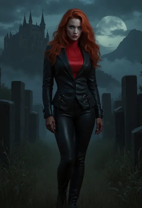  beautiful sensual sexy woman muscular body red wavy long hair blue eyes, white skin, red lips, round face full lips high arched eyebrows thin waist long shapely legs full breasts broad shoulders black leather riding breeches black leather riding boots bla...