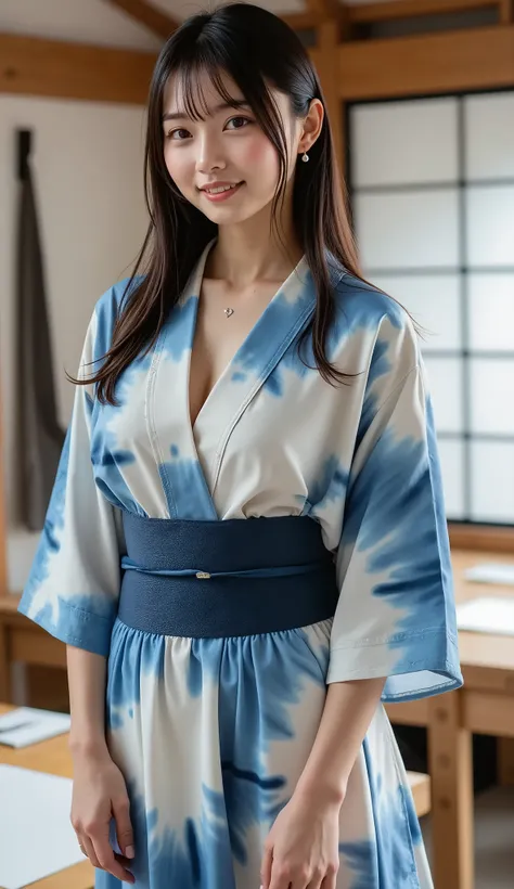 A graceful Japanese woman wearing a simple indigo-dyed kimono, standing in a traditional Japanese paper-making workshop, observing the process of handmade washi paper, calm and cultural atmosphere, full-body portrait, ultra-realistic.