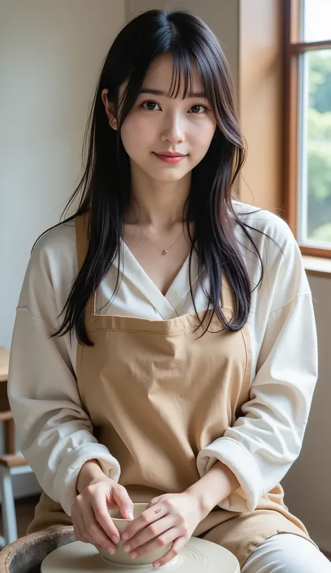 A calm Japanese woman in a long-sleeved cotton apron over a relaxed linen outfit, seated at a potter's wheel shaping clay, natural sunlight entering through a small window, focused and peaceful mood, full-body shot, highly detailed.