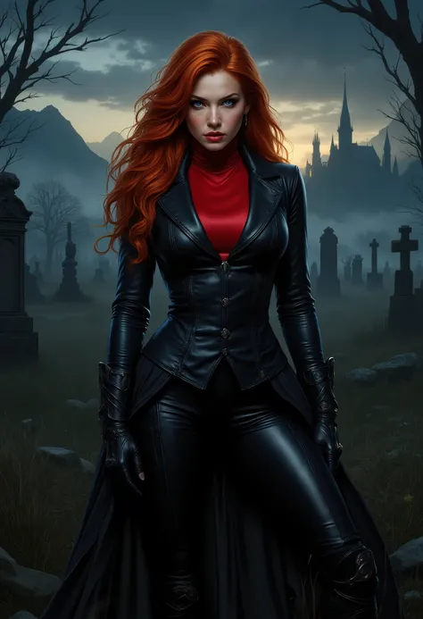  beautiful sensual sexy woman muscular body red wavy long hair blue eyes, white skin, red lips, round face full lips high arched eyebrows thin waist long shapely legs full breasts broad shoulders black leather riding breeches black leather riding boots bla...