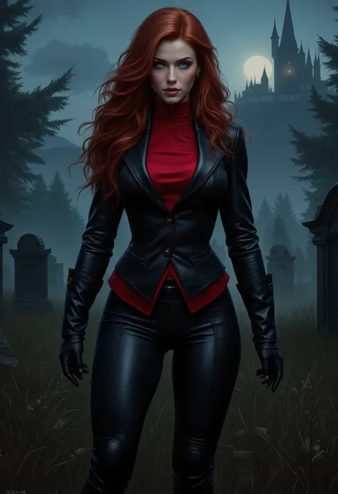  beautiful sensual sexy woman muscular body red wavy long hair blue eyes, white skin, red lips, round face full lips high arched eyebrows thin waist long shapely legs full breasts broad shoulders black leather riding breeches black leather riding boots bla...