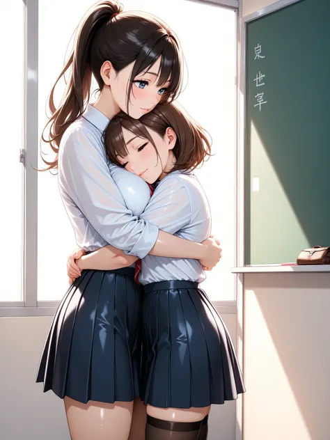 high ponytail ,Shiny Hair, OL, skirt、black stockings,school, (closely hug:1.5), look at each other, (Chest to Chest:1),  Extreme Close Up