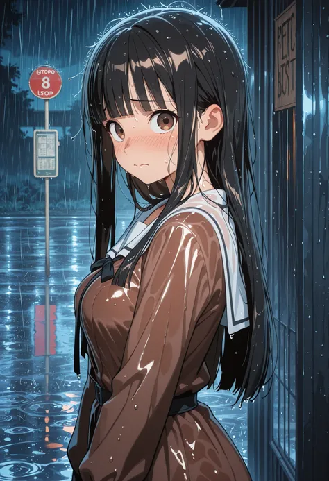 masterpiece, best quality, newest, anime screencap, 1girl, kaju-default,nukumizu kaju, brown eyes, perfect eyes, black hair, long hair, blunt bangs,brown dress,dress,long sleeves,white sailor collar, medium breast, shiny skin, wet, wet hair, wet clothes, c...