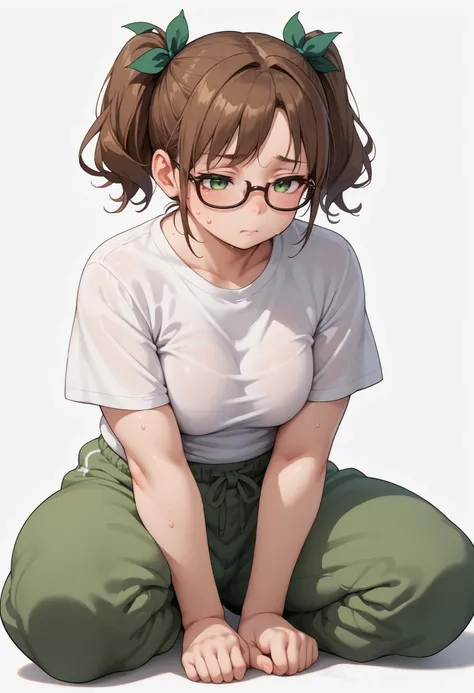 source_anime ,score_9, score_8_ up, score_7, ((White background)) ((japan woman)) ((1girl)) (solo girl) ,30 years old, rathing_questionable (White over size t-shirt:1.4) (green sweatpants:1.2), green eyes , (green tied in a double ponytail) ,(Brown cat g...