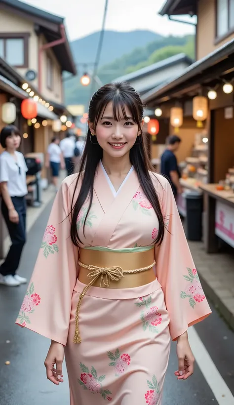 A modestly dressed Japanese woman in a seasonal kimono with soft patterns, walking through a rural spring festival with hanging lanterns and local food stalls, soft smile and gentle demeanor, surrounded by local villagers, full-body shot.