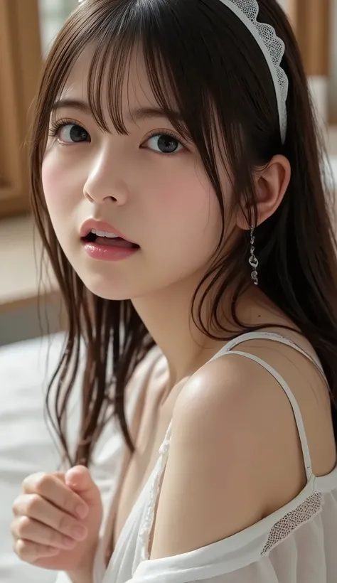 (((((18 year old girl:2、Japanese、baby face、 white skin))))), details顔の質感、 detailsな口元、 (Tiga Red Tide)、 details肌の質感、(masterpiece,Best Quality), 8k, details, reality, bedroom、 seat 、(( all over the body)、 grimaces、Writhing、Then she opens her mouth 、splash...
