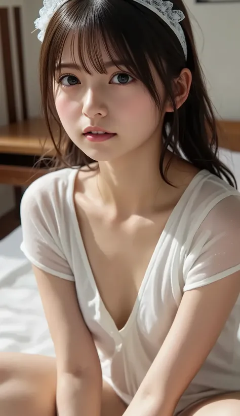 ((((( girl:2、Japanese、baby face、 white skin))))), details顔の質感、 detailsな口元、 ((Tiga Red Tide))、 details肌の質感、(masterpiece,Best Quality), 8k,  details, reality,  bedroom、  seat 、( all over the body)、 grimaces、Writhing、Then she opens her mouth 、splashes water o...