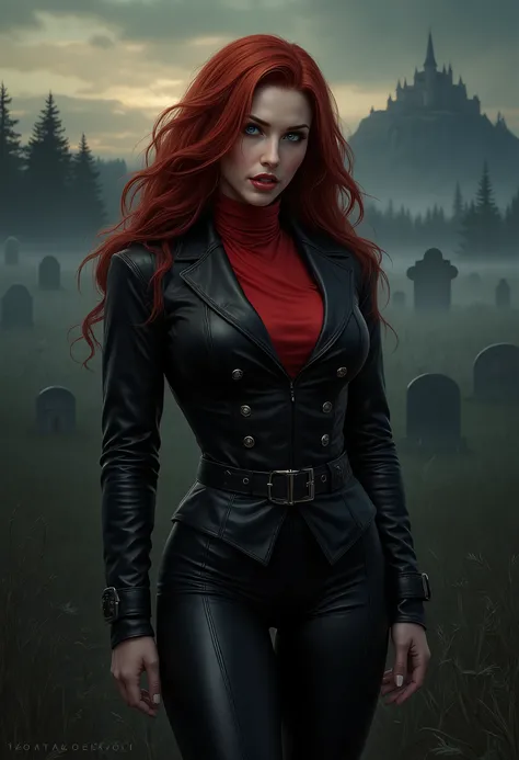  beautiful sensual sexy woman muscular body red wavy long hair blue eyes, white skin, red lips, round face full lips high arched eyebrows thin waist long shapely legs full breasts broad shoulders slightly open, huge vampire fangs black leather riding breec...