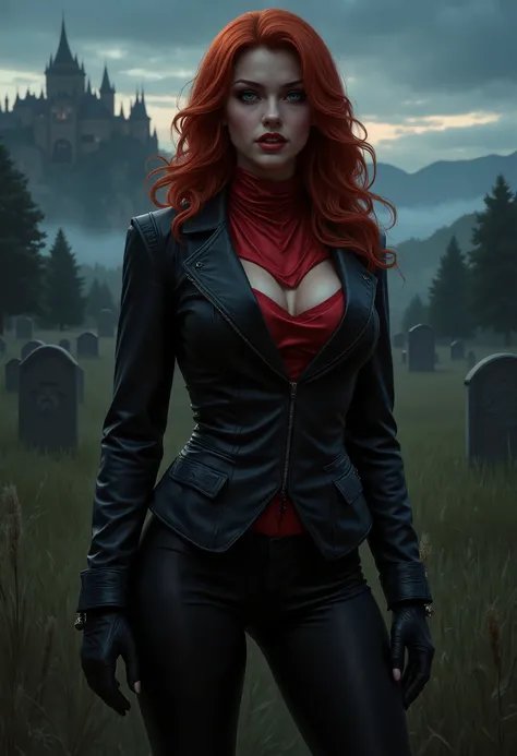  beautiful sensual sexy woman muscular body red wavy long hair blue eyes, white skin, red lips, round face full lips high arched eyebrows thin waist long shapely legs full breasts broad shoulders slightly open, huge vampire fangs black leather riding breec...