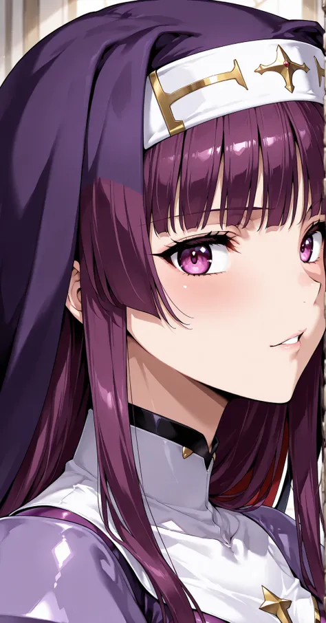 score_9, score_8_up, score_7_up, k4m0r1,1girl,purple bodysuit,habit,purple eyes, portrait,source_anime, retrowave
