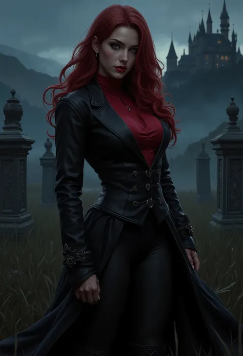  beautiful sensual sexy woman muscular body red wavy long hair blue eyes, white skin, red lips, round face full red lips high arched eyebrows thin waist long shapely legs full breasts broad shoulders slightly open ((huge vampire fangs)) black leather ridin...
